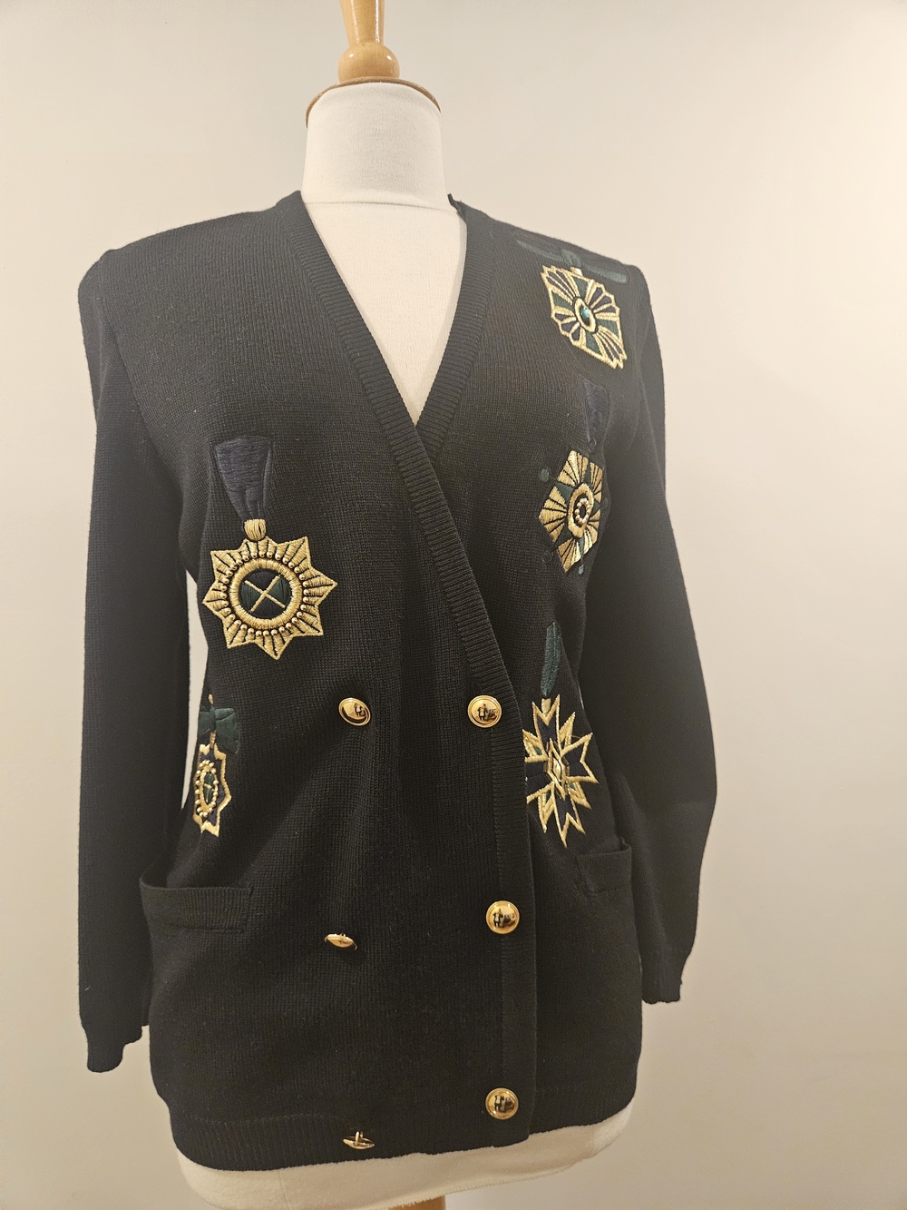 Escada Black Knit Double-Breasted Jacket with Gold Embroidered Medallions